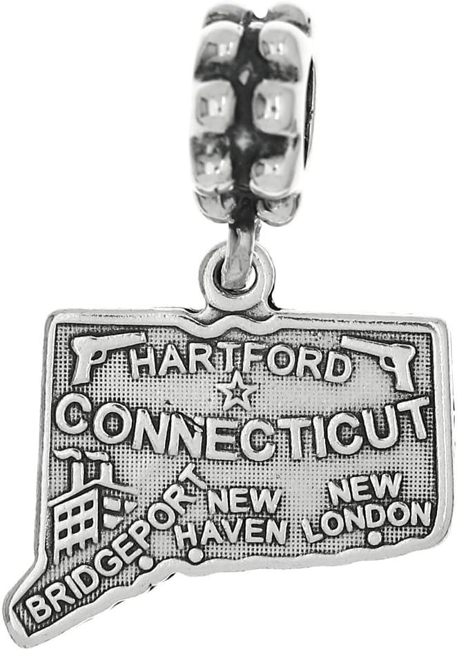 Sterling Silver Oxidized Connecticut State Map Dangle Bead Charm Compatible with Pandora Bracelets