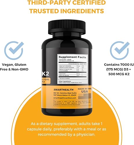 Miniatura 6 de Vitamina D3 + K2 - Salud ósea y apoyo inmunológico - 7000 UI(175 MCG)D3 + 500 MCG K2 - Cofactores B6, magnesio y zinc - Sin gluten, vegano, sin OMG