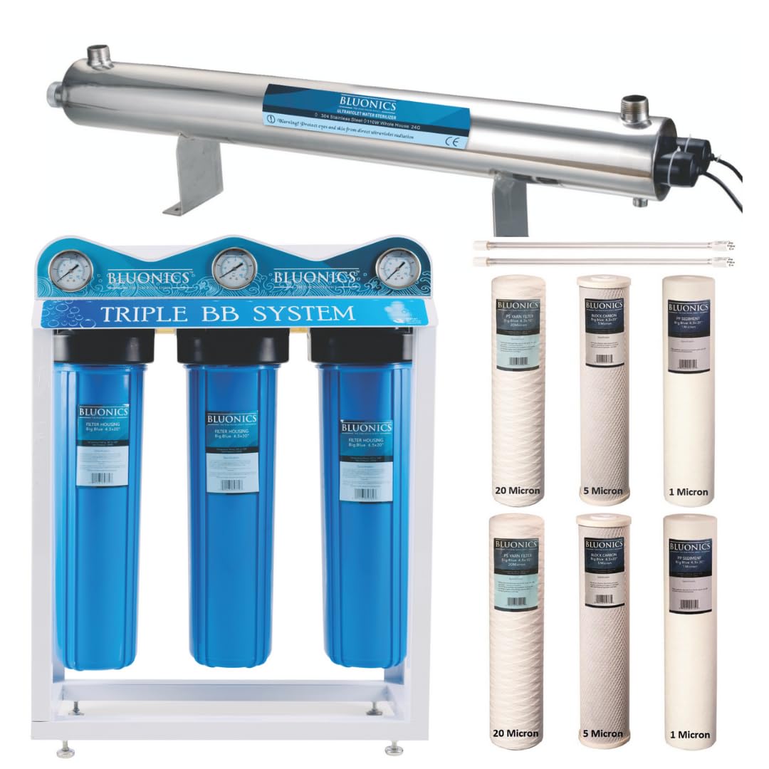 Bluonics Complete Whole House Well Water Filtration System – 24 GPM 110W UV Purifier with Triple 4.5" x 20" Housings, Carbon Filters, and Extra Filter Set