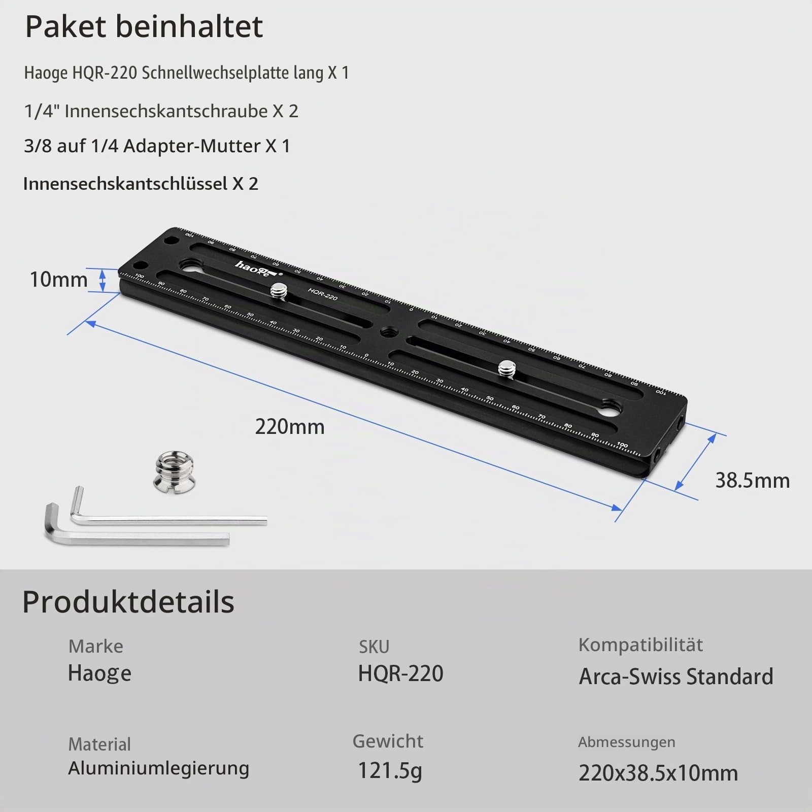 Haoge HQR-220 220 mm Mehrzweck-Schnellwechselplatte, Verlängerung, Gleitschiene für Kamerastativ, Kugelkopf-Kugelkopf-Klemme, passend für Arca Swiss