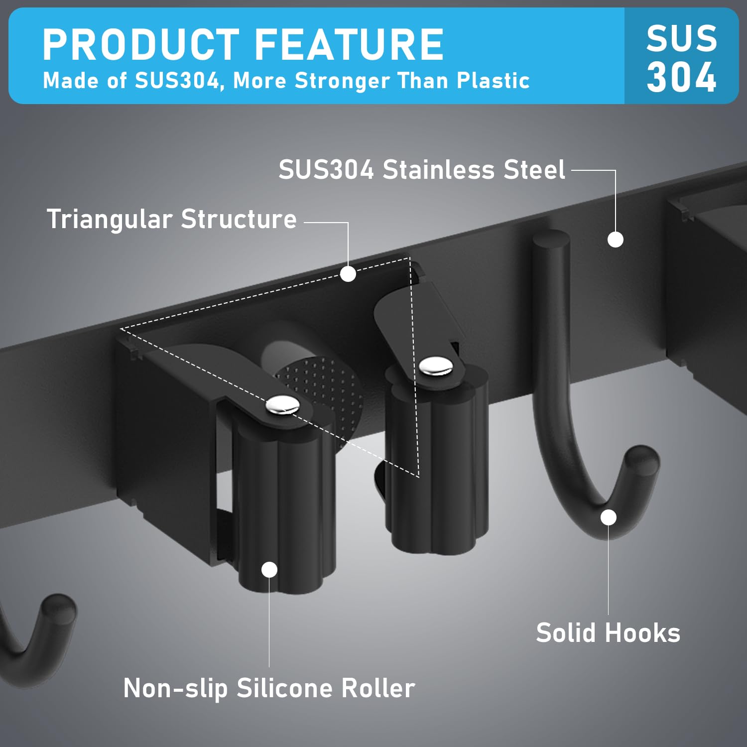 Portascope Da Parete In Acciaio Inox | 5 Ganci E 8 Clip | Organizzatore Per Scope E Utensili - Foto 12