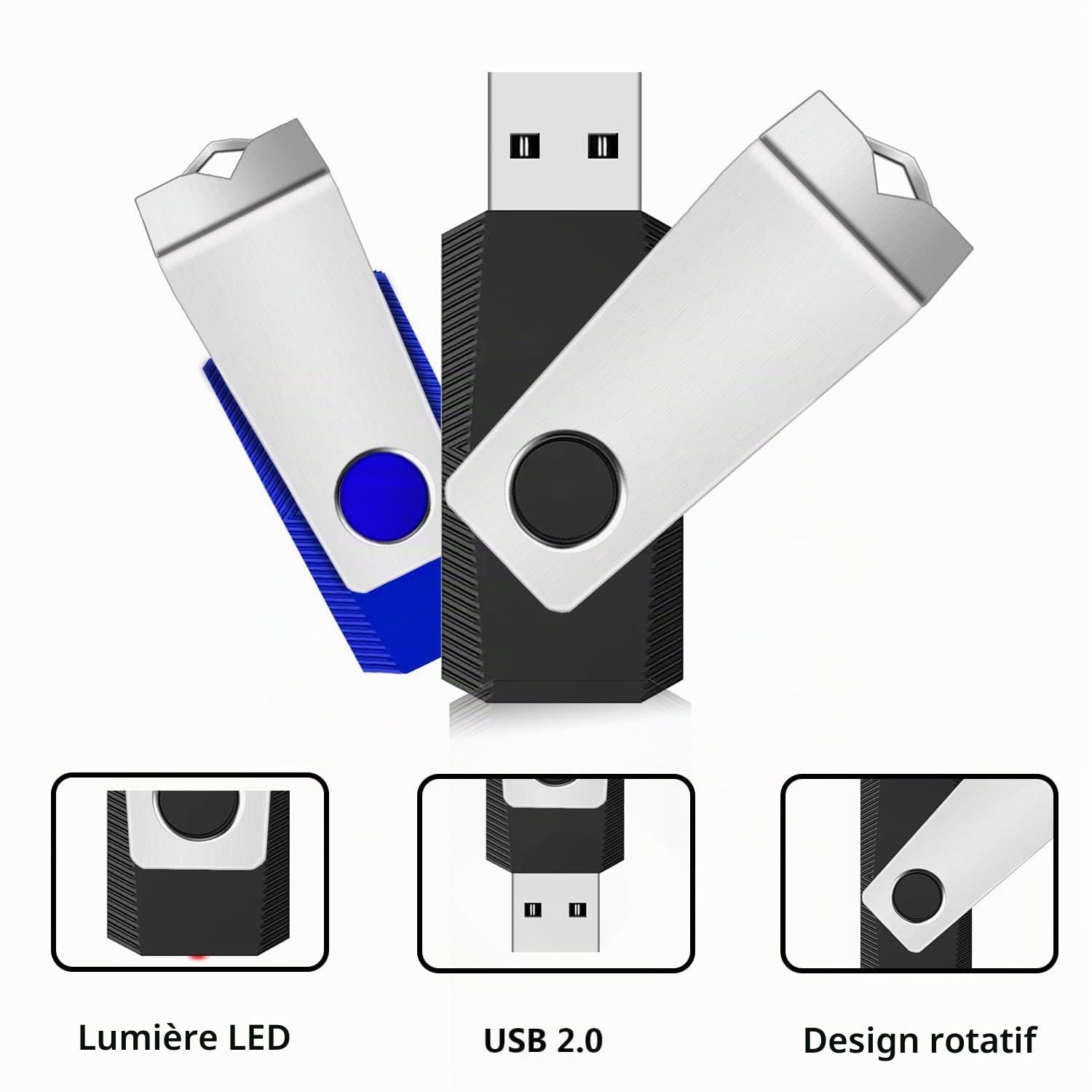 Clé USB 128 Go Lot de 2 ABLAZE USB 2.0 Pendrive Clef USB 128go Pivotantes Disque Mémoire Stick avec 2 Cordes (Noir Bleu,2pcs*128GB)