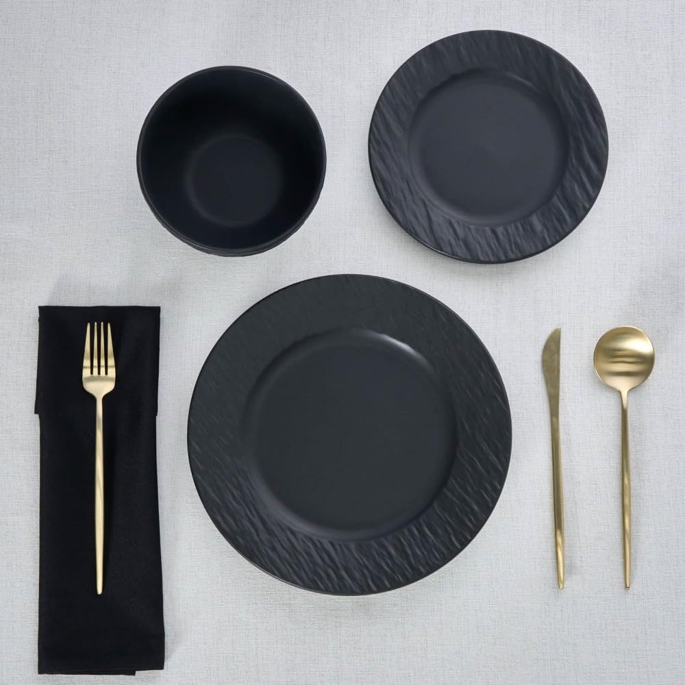 Karaca Solem Embossed Ensemble de Assiette et de Bols en Grès, Service de Table Noir, Vaisselle en Grès, Vaisselle Idéale pour les Repas de 6 Personnes, 18 pièces