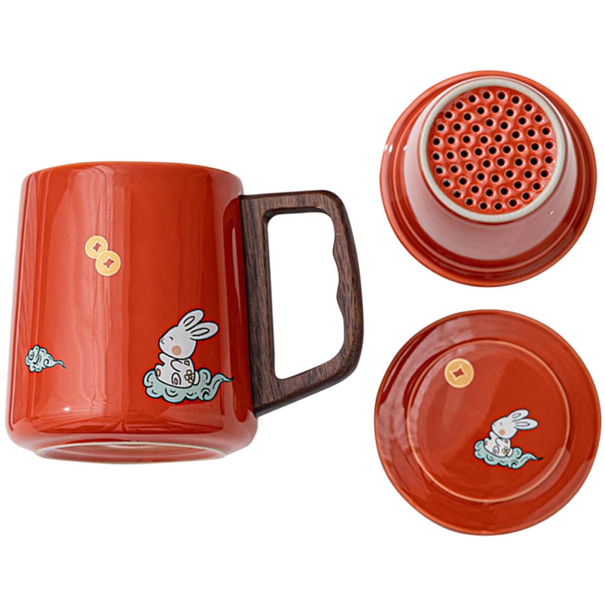 Veemoon Tasse de Thé en Céramique 400ml avec Infuseur et Couvercle, Poignée en Bois Confortable et Design Anti-brûlure, pour Thé en Vrac et Fleurs la Maison Bureau