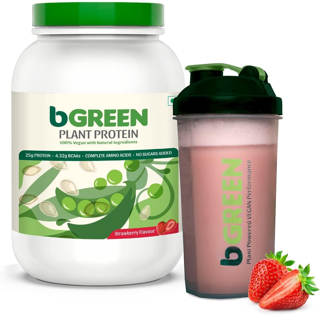 bGREEN Vegan Plant Protein Powder, 25 g Protein (Pea Protein Isolate & Pumpkin Seed), Complete Amino Acid Profile (Strawberry, 1 kg) with Shaker
