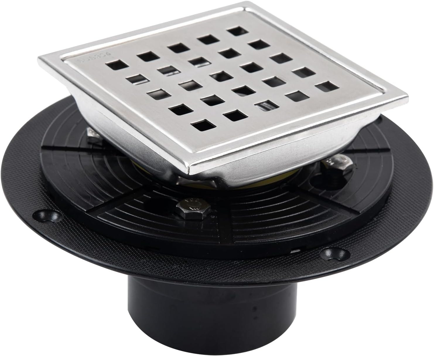 Square Shower Drain 4 Inch with Flange, Brushed Nickel Tile Shower Floor Drain Kit 304 Stainless Steel, Removable Grid Grate and Hair Catcher