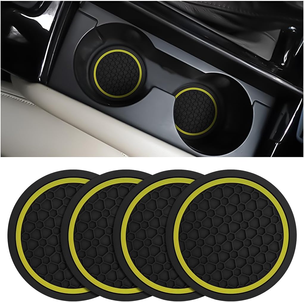 Mandark 4PCS Car Cup Holder Coasters, 2.75 Inch Non-Slip Insert Water Bottle Holder Pads, Dustproof Automotive Interior Accessories Mat, Universal for Vehicles, Trucks, RVs and More (Black/Yellow)