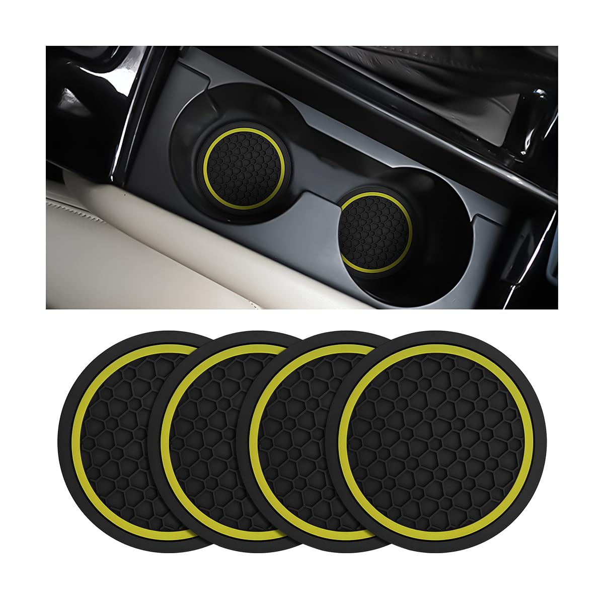 Mandark 4PCS Car Cup Holder Coasters, 2.75 Inch Non-Slip Insert Water Bottle Holder Pads, Dustproof Automotive Interior Accessories Mat, Universal for Vehicles, Trucks, RVs and More (Black/Yellow)