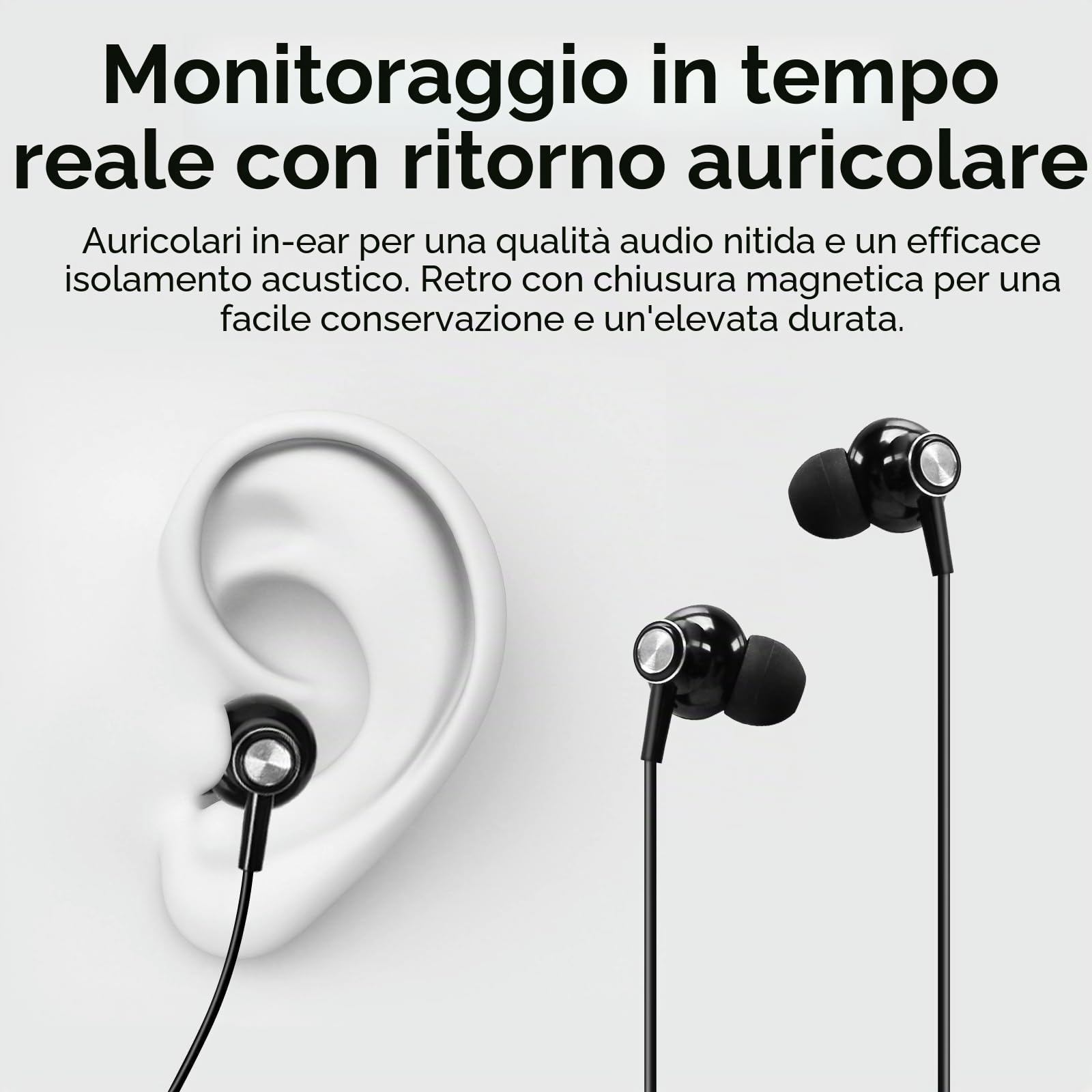 Sistema di monitoraggio wireless in-ear UHF-IEM (mono) con trasmettitore in metallo a rack, ricevitore bodypack e auricolari, 100 frequenze, portata 80 m