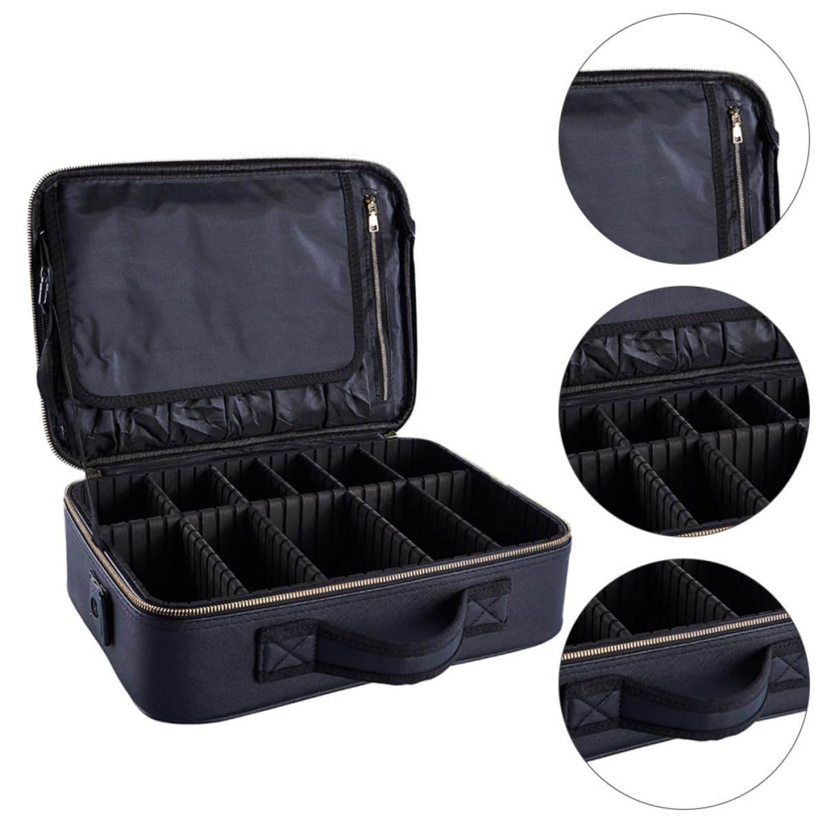 Ciieeo Bolsa de Maquillaje para Almacenar Cosméticos Fácilmente Portátil de Viaje Diseño de Compartimentos y Asa, Hecha de Tela Oxford Negra