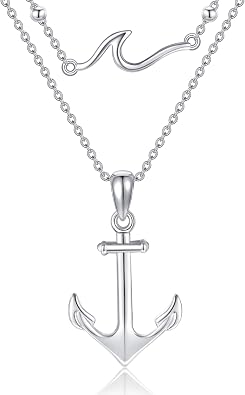 Anchor Necklace 925 Sterling Silver Wave and Anchor Layered Necklaces for Women Nautical Jewelry Gift for Sailor