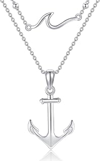 Anchor Necklace 925 Sterling Silver Wave and Anchor Layered Necklaces for Women Nautical Jewelry Gift for Sailor