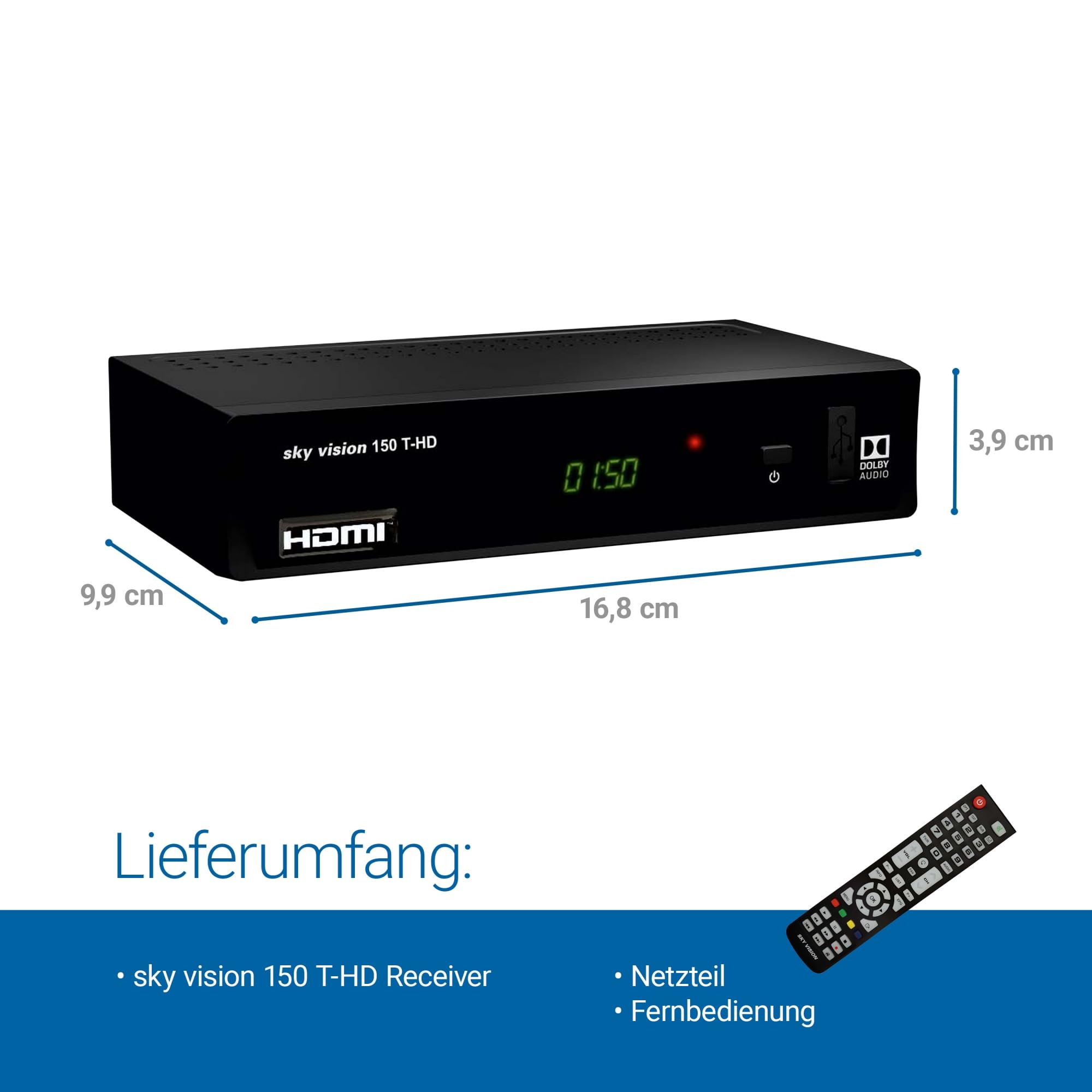 Sky Vision 150 T-HD Digitaler DVB-T2 Receiver, HDTV, Dolby Digital Plus Unterstützung, mit mehrsprachiger Menüführung und Installationsassistenten