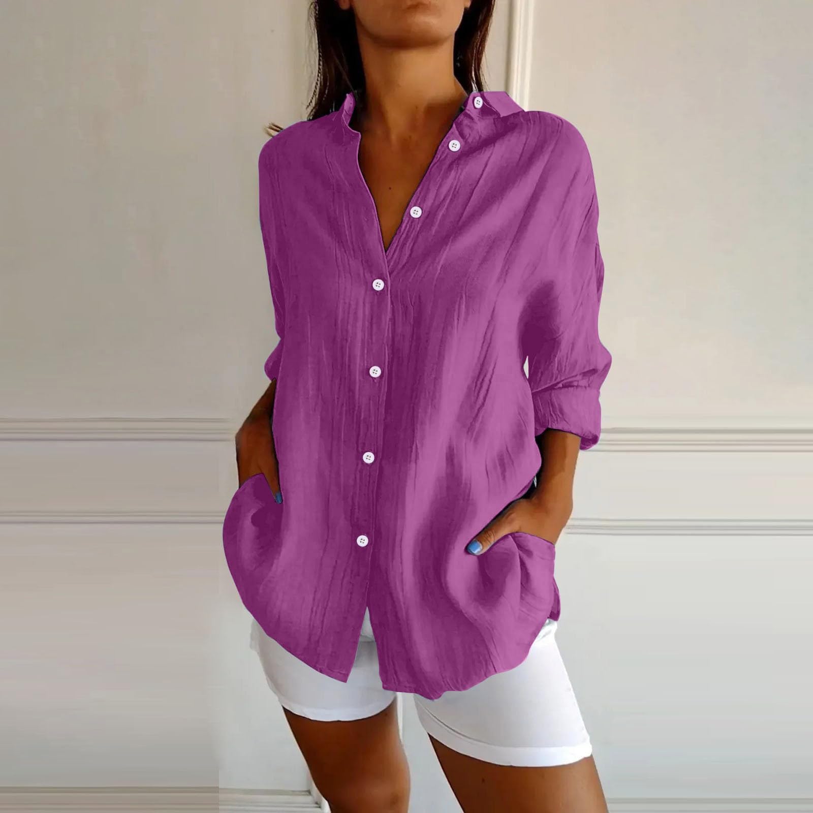 Camicie di lino alla moda con bottoni a maniche lunghe per le donne con risvolto Primavera 2026 Estate Classica Tunica di garza con colletto Vcation Abiti in cotone lino fidanzato Camicette casual