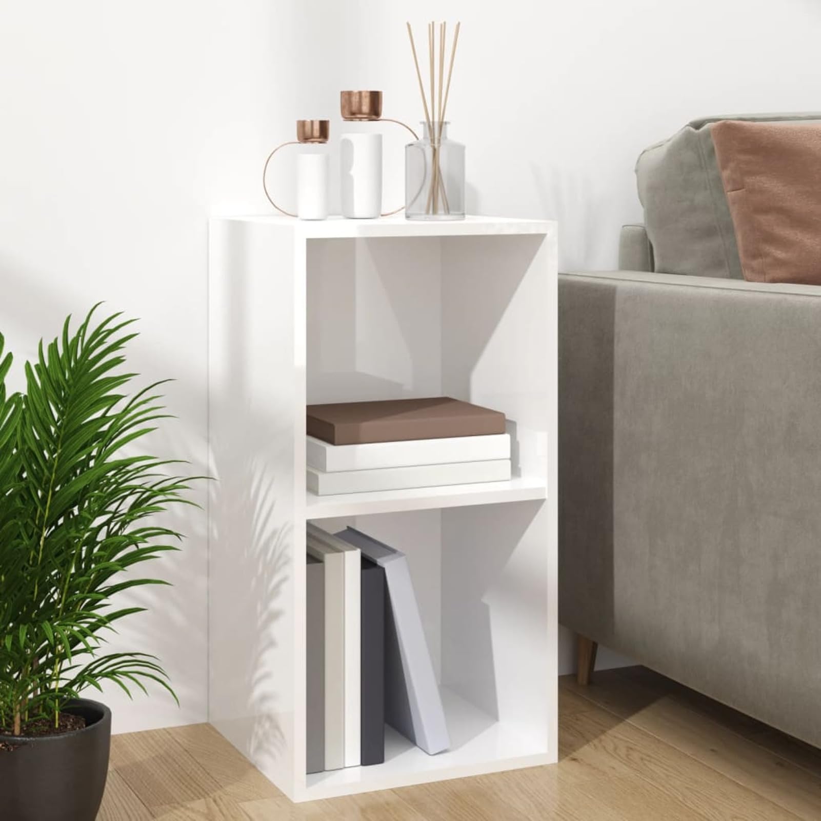 Caja de Almacenamiento para Discos de Vinilo - 2 Compartimentos, Blanco Brillante, 71 x 34 x 36 cm, Madera Contrachapada