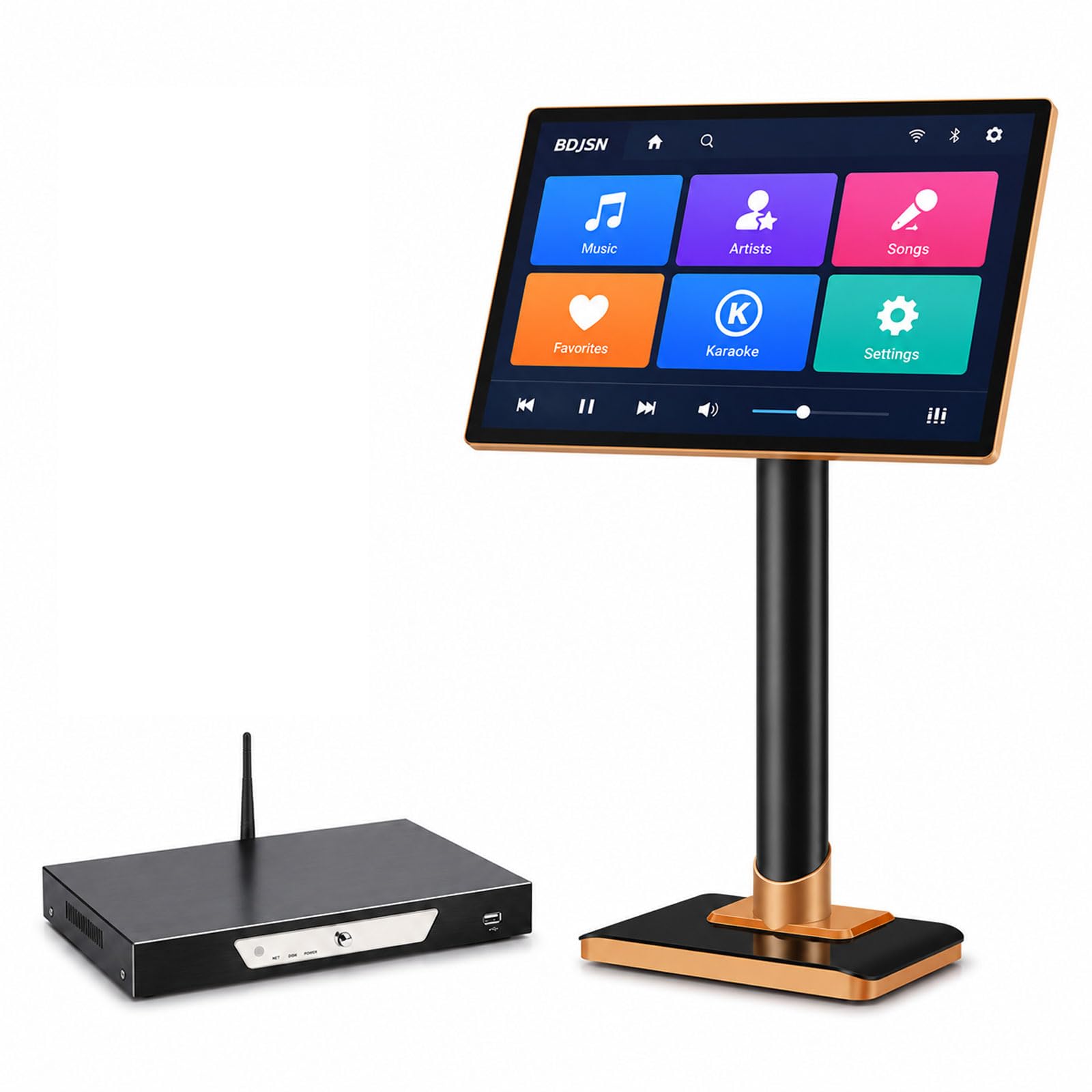 Sistema Karaoke con Schermo Touch 4k da 19 Pollici, 2 Microfoni Wireless E Ricevitore. Controllo Brani Tramite App Wi-Fi, Memoria 3 TB, Multilingue. Adatto per Casa, Bar E Feste
