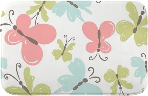 Pastel Butterflies Fresh Spring Entryway Rug 18X30in Cute Bathroom Rugs Bath Matts Mats For Bathroom Shedding- Resistant Trap Water Anti- Slip