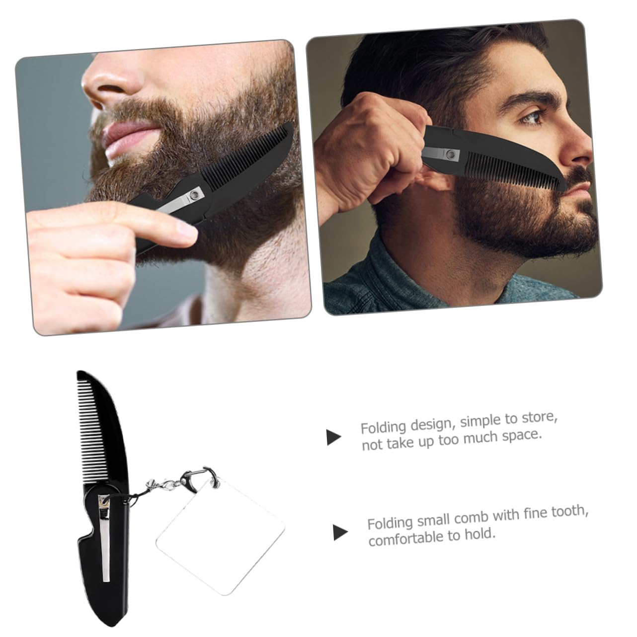 FRCOLOR Portable Foldable Comb Men's Travel Beard Brush Folding Pocket Fine Tooth Keychain Mirror Set
