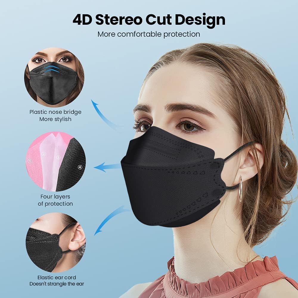[50/100 PCS] KF94 Black 4 Layer Filter Face Safety Mask with Elastic Ear Loop and Nose Bridge Clip, Dust Safety Korea Covers