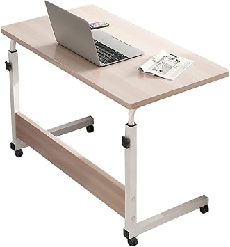 Overbed Table Height Adjustable Mobile Computer Desk Rolling Sit-Stand Desk with Wheels Portable Tray Table Bedrooms Work Desk for Small Space32x24 Inch, Wood Color
