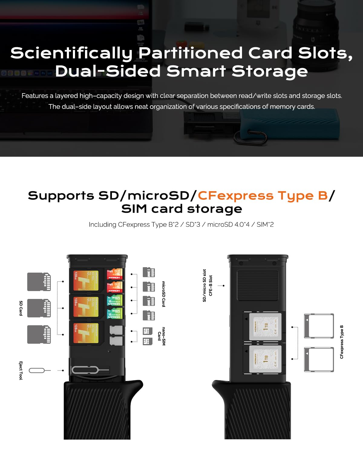 CFexpress - Lector de tarjetas tipo B, funda para tarjetas CF B, tarjetas SD y micro SD, USB 3.2 Gen2 10 Gbps 4 en 1, adaptador de tarjeta CFexpress de aluminio, lee 6 tarjetas simultáneamente azul