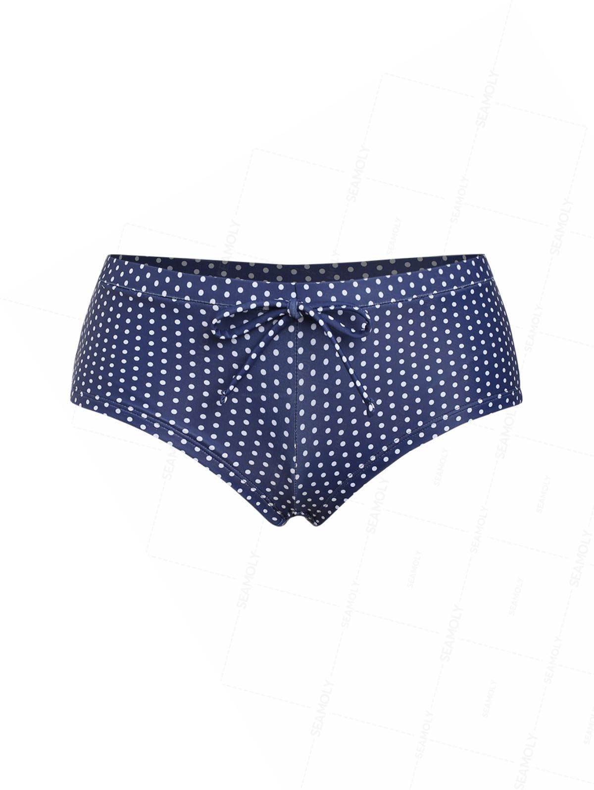 Deep Blue Polka Dots Print Bowknot Decor Beach Swim Bottom Boyshorts-image-46