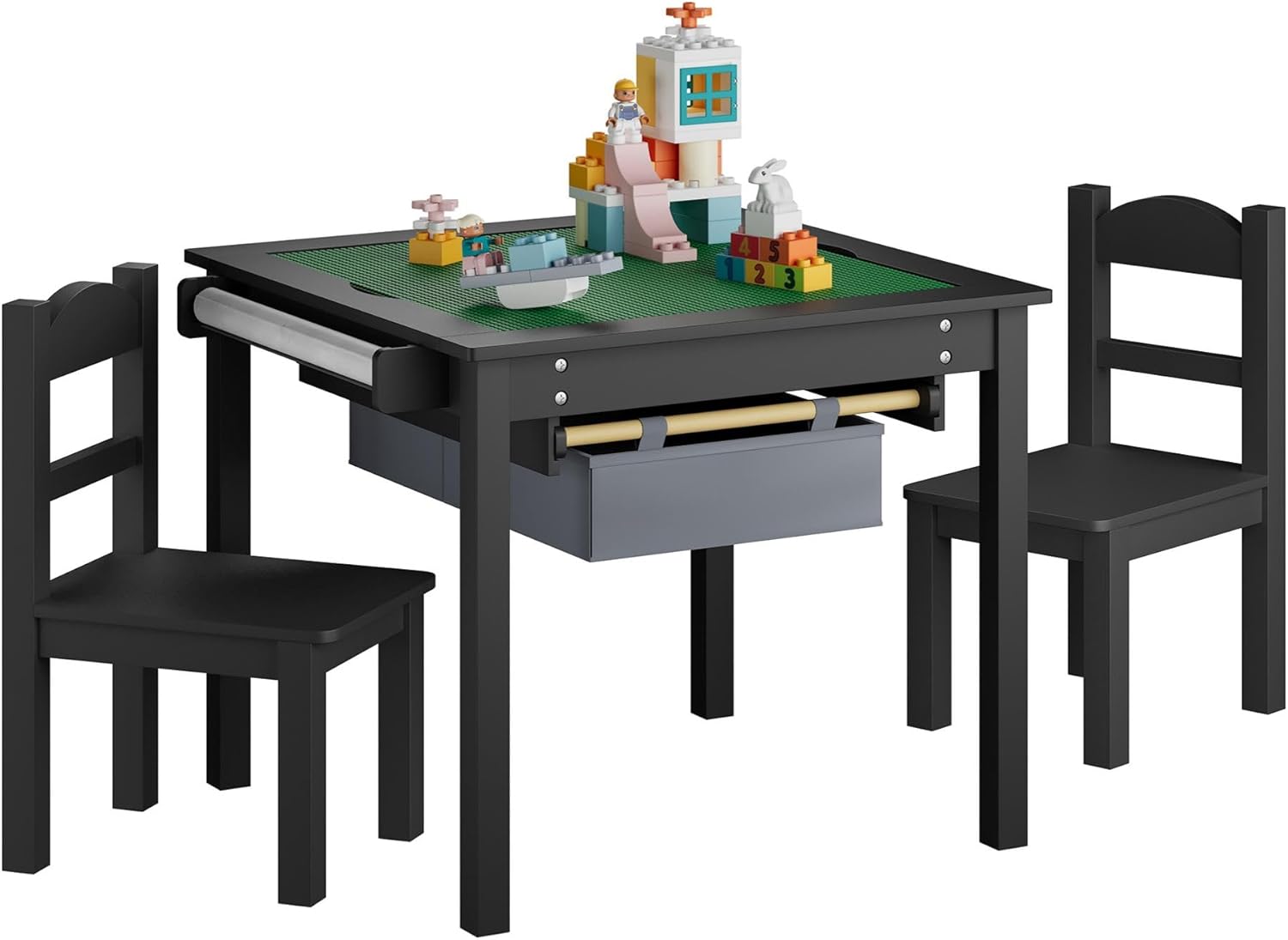 Treocho 2 in 1 Toddler Table with Reversible Tabletop, Wooden Kids Table and Chair Set with Storage Drawer, Kids Activity Table with Blocks Building Baseplate for Playing, Reading, Drawing, Black