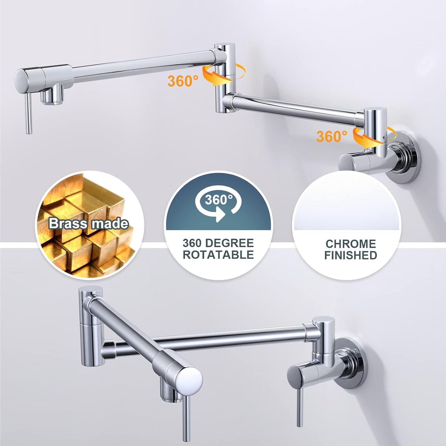 Brass Made Pot Filler Faucet, ALEASHA Chrome Kitchen Sink Pot Filler Faucets, Wall Mount Folding Kitchen Pot Filler, Retractable Single Hole Pot Filler with Two Handles for Sink Stove
