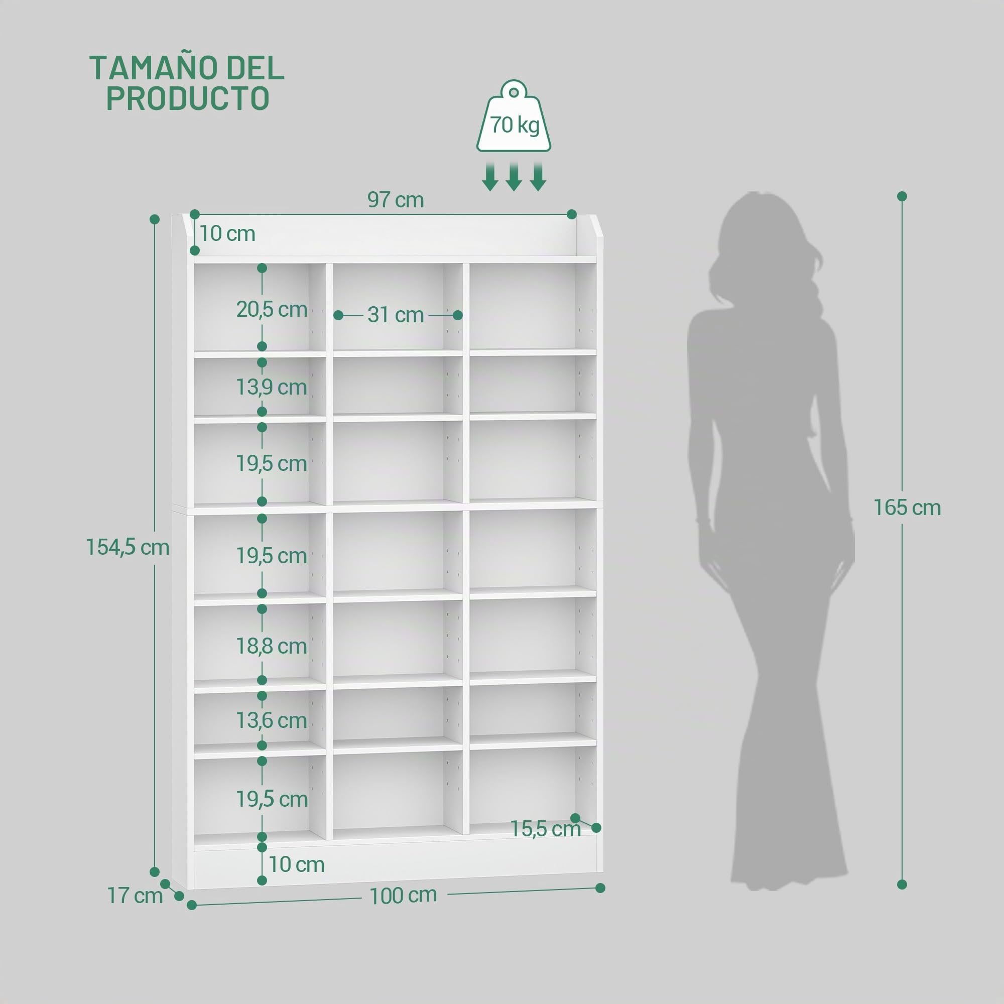 Hzuaneri Estanterías para CD o DVD Soportes, 15 Compartimientos, para 747 CDs, 17 x 100 x 154,5 cm, Estante Ajustable para Salón, Oficina, Blanco CR18003X