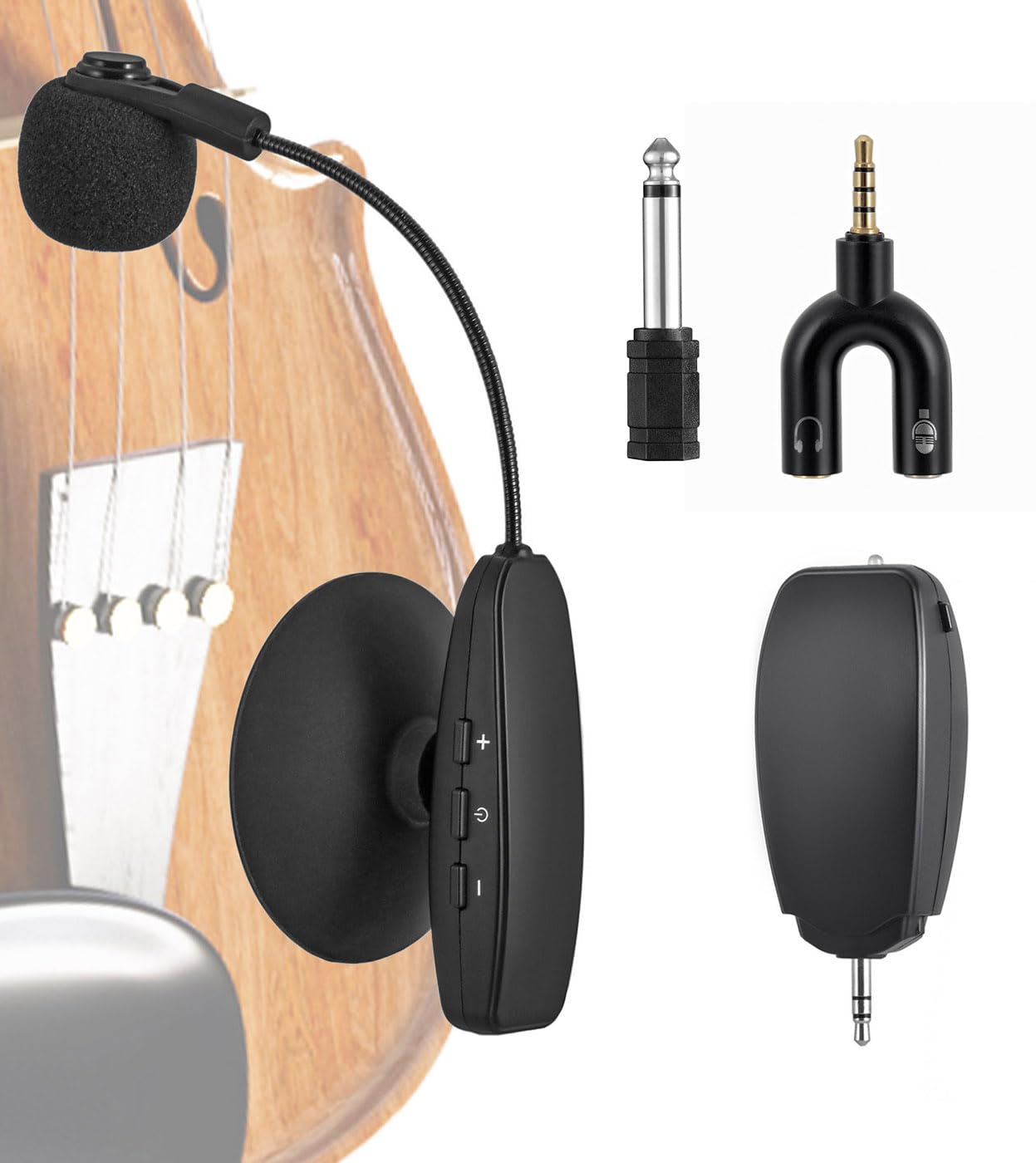 Microfono Wireless per Strumenti Musicali con Ventosa, Ricevitore e Trasmettitore Wireless, per Chitarra, Violino, Banjo e altro ancora