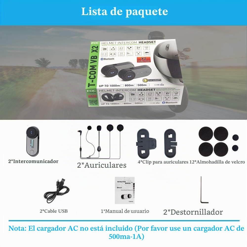FreedConn TCOM VB Intercomunicador Casco Moto,Auricular Bluetooth Casco Moto, 800M Sistemas de Comunicación Bluetooth para Motocicletas,2~3 Motoristas,HiFi Estéreo Cancelación de Ruido,2 Pieza