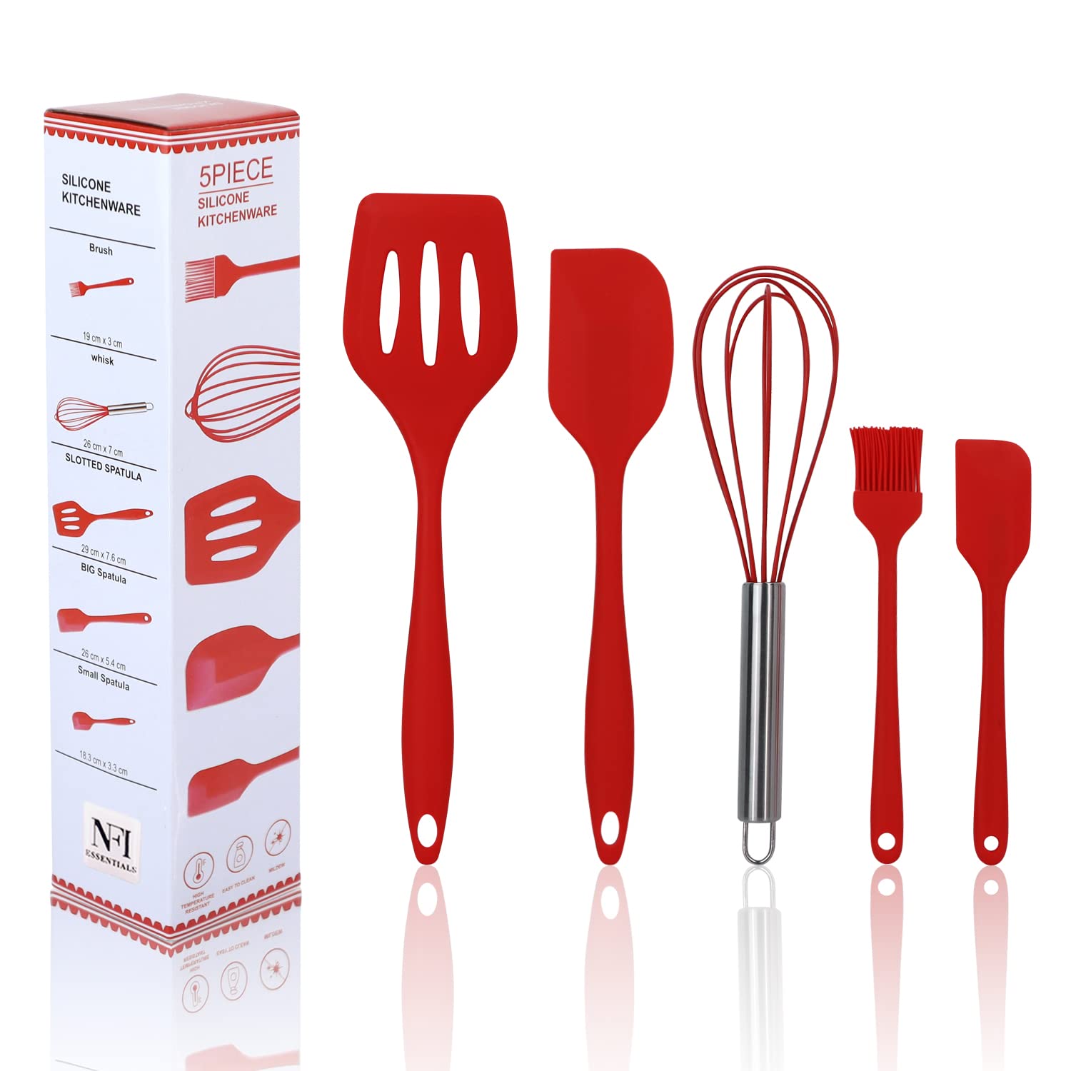 NFI essentials Silicone Spatula Set for Kitchen, Silicon Cookware Tools Set of 5 Spatula Silicone for Non-Stick Pan-BPA Free Heat Resistant Kitchen Cooking Utensils (Red) (B0C621KGW5) Amazon Price History, Amazon Price Tracker