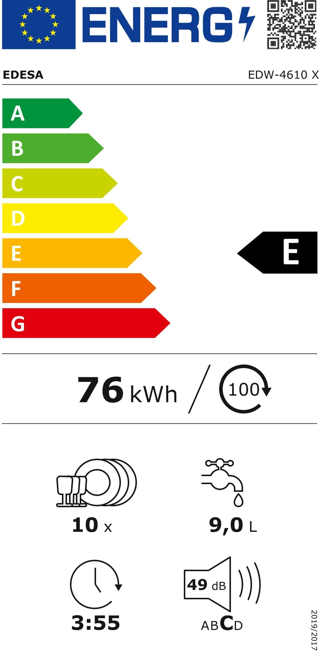 Edesa Lavavajillas Libre Instalación EDW-4610 X Ancho 45 cm 6 Programas, Lavado Silencioso 49 dB, Triple Sistema Seguridad LED 2 Cestillos Dispensador Detergente, Acero Inoxidable Gris
