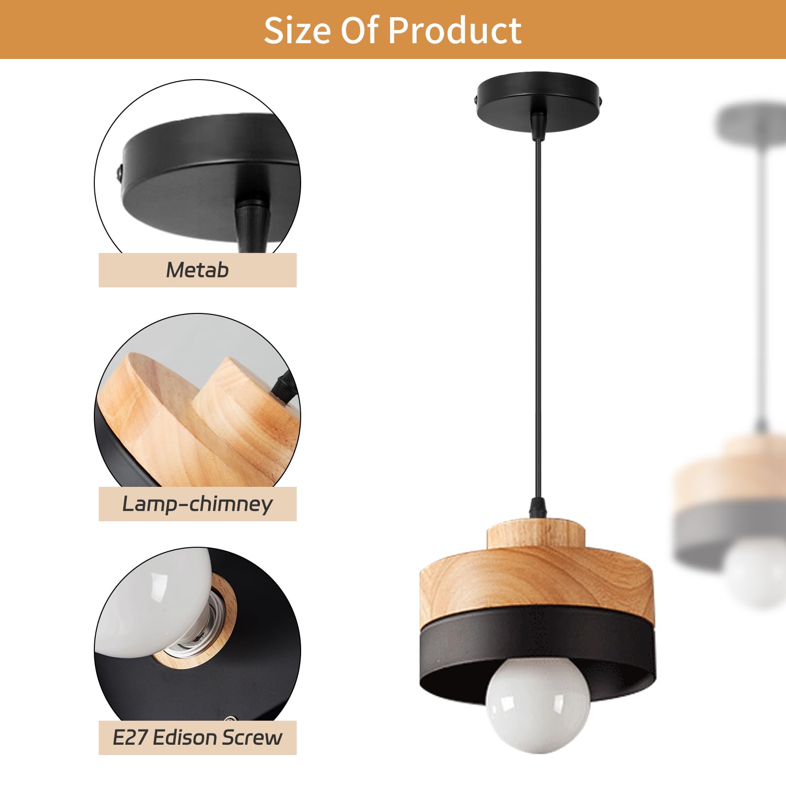 Suspension Luminaire Bois Ronde Rétro Plafonnier Design Vintage E27 Eclairage Intérieur Lumières Lustre Abat-jour Métal Moderne Lampe Suspension Art pour Salon Chambre Cuisine (Noir)
