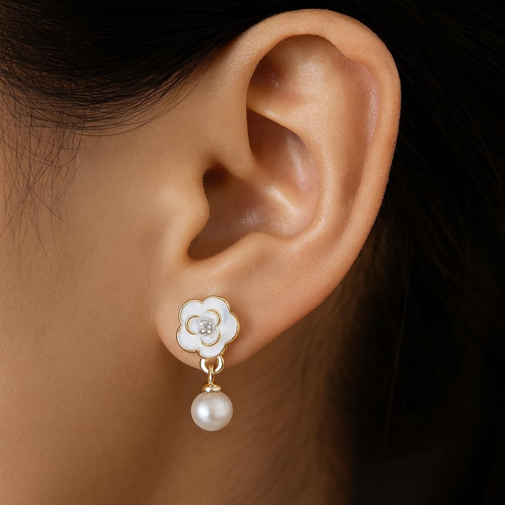 Pearl Clip On Earrings for Women,Sterling Silver White Camellia Floral Dangle Drop Earring Clips for Non-pierced Ears - Image 4