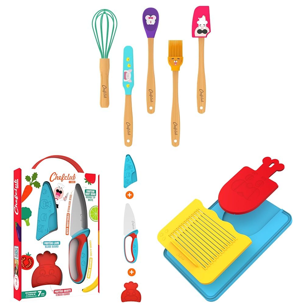 Chefclub Kids - Planche 3-en-1 + Couteau Sécurisé + Mini-Ustensiles + Coffret Emporte-Pièces Licornes 3D - Ustensiles Ergonomiques+Recette Vidéo - Apprentissage Cuisine Ludique - Cadeau Enfant 4 Ans+