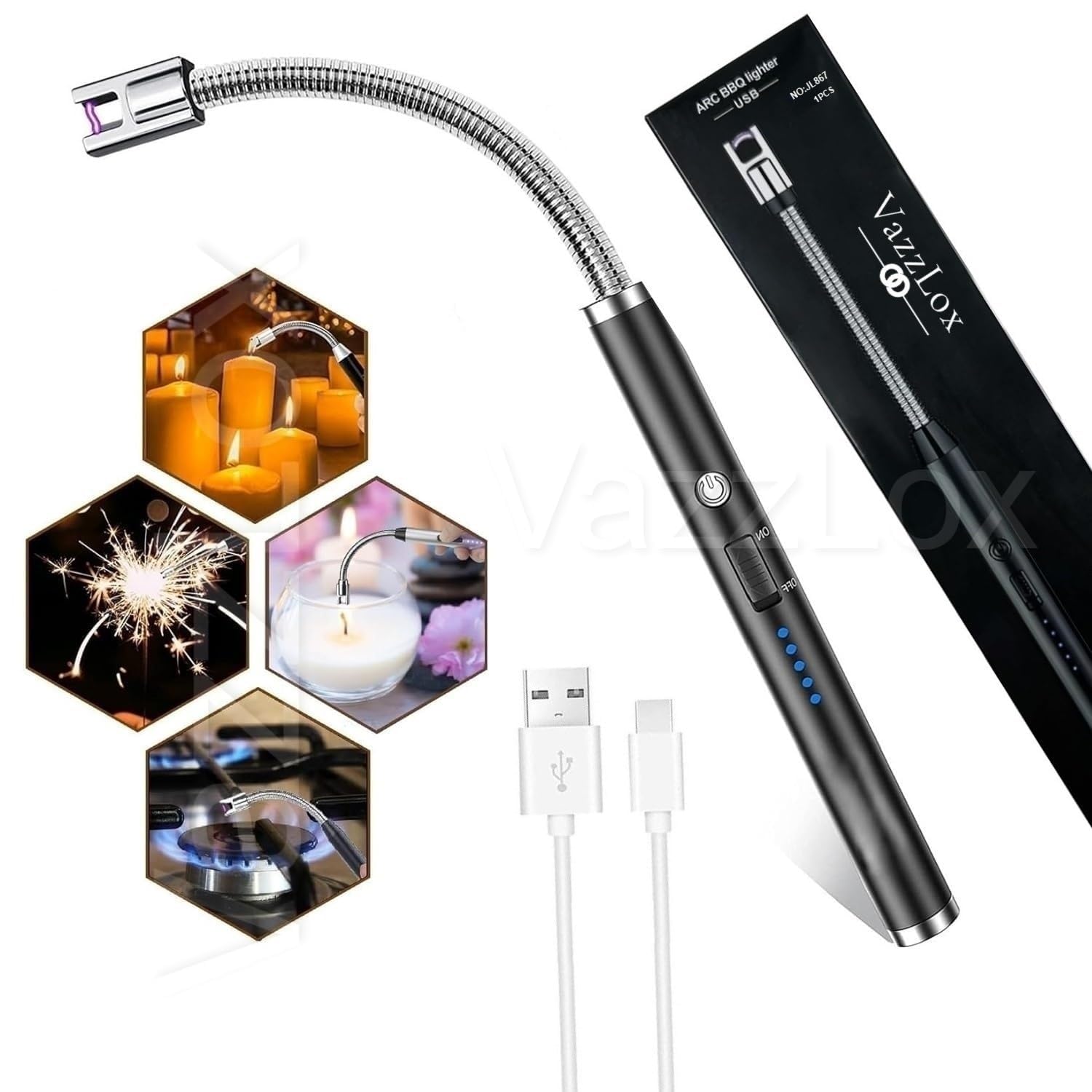 Rechargeable Electric Arc Lighter for Candles, Fireworks, 360° Flexible Neck, USB, Windproof, 24 cm-image-34