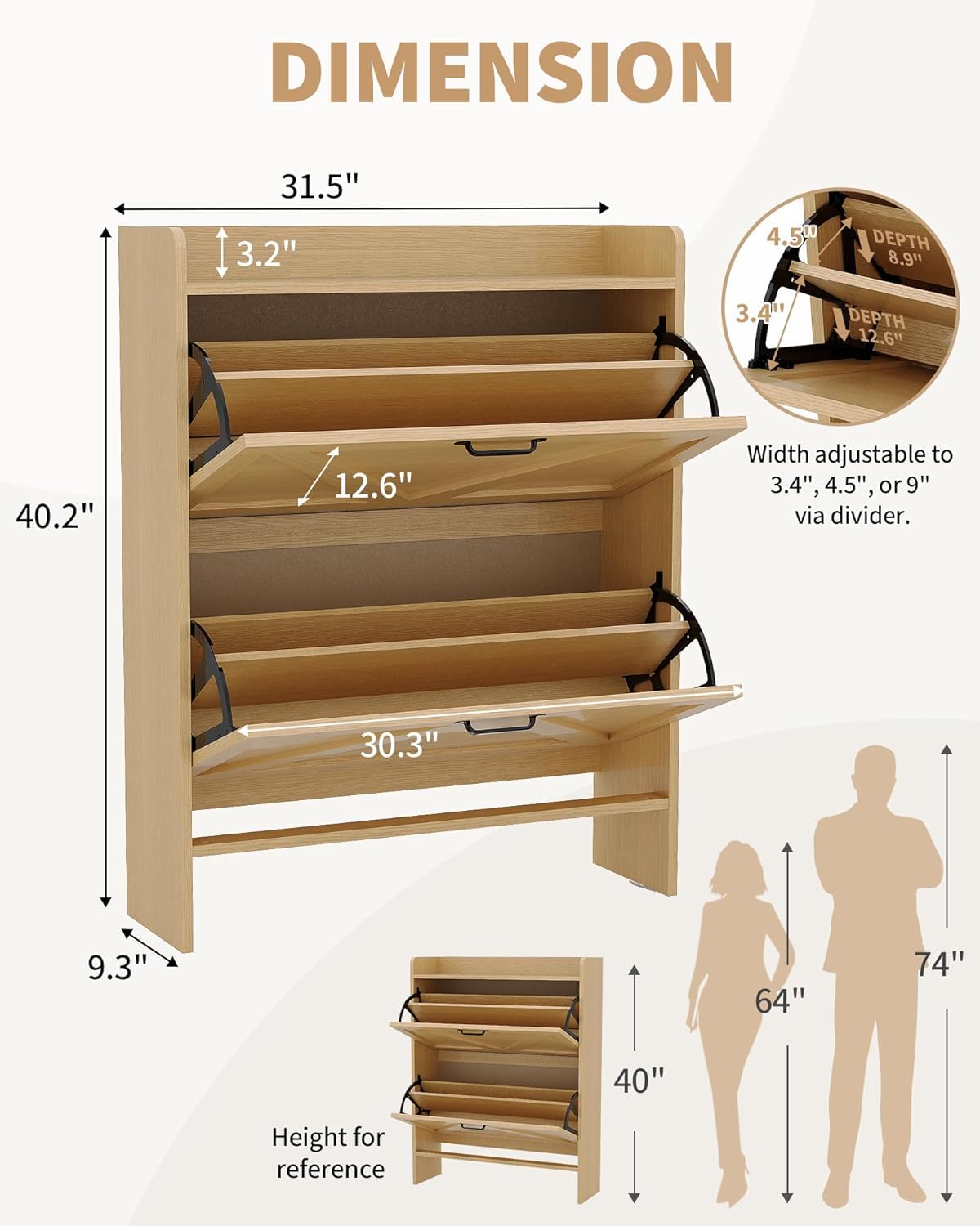 Breit 80 X24x100 Hoch cm Schuhschrank Mit 2 Klappen, Verstellbare Zweistufige Regalböden, Schmal Schuhkipper Schuhe Schrank Shoe Cabinet für Flur, Holz Boho
