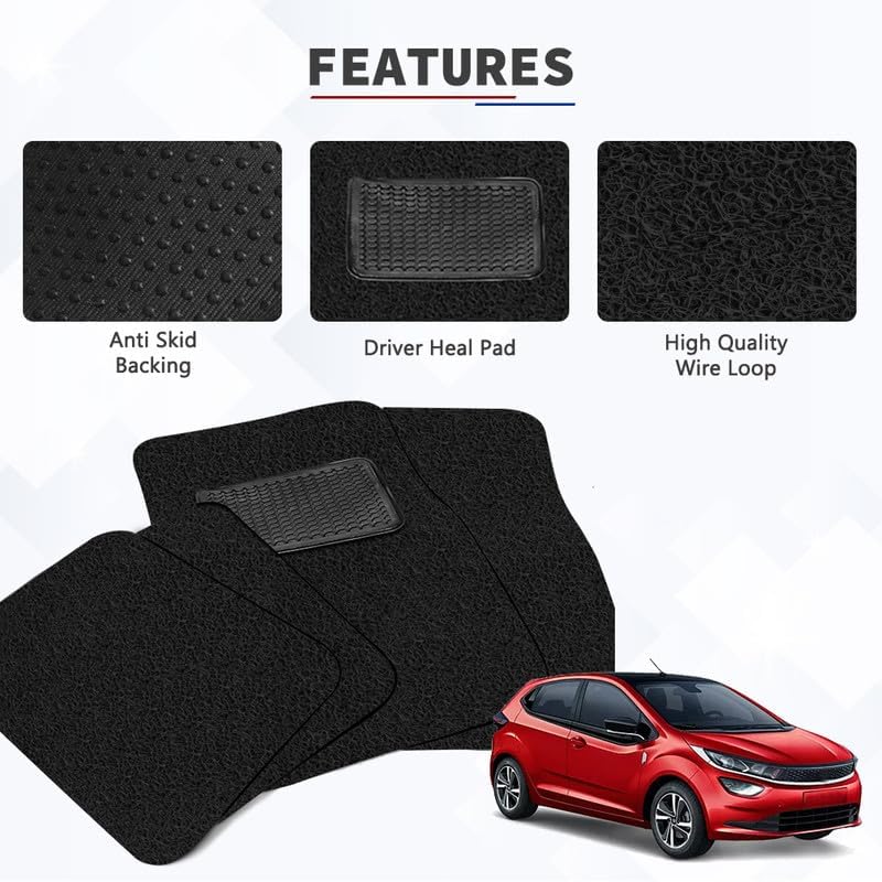 Image of FAM Enterprises Curly Car Floor Mat Compatible for Kia Carens Clavis Petrol 7 Seater | Curly /Noodle Car Mat Dust & Liquid Trapping with Heel Pad | Set of 5 | Color - Black