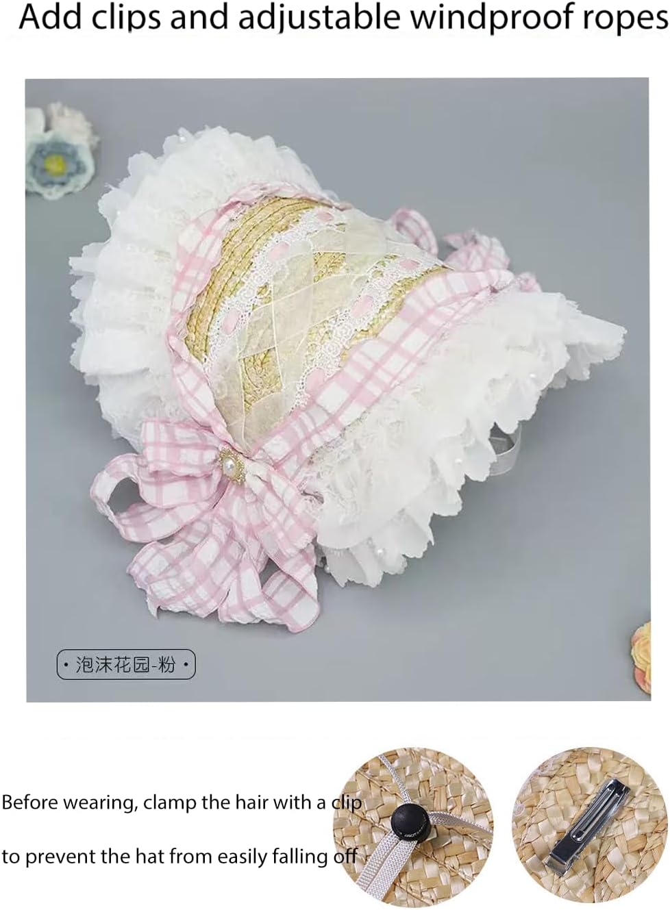 Victorian Womens Tea Party Sun Hat Lolita Bows Florals Flat Straw Hats Womens Wide Brim Sun Hat with Wind Lanyard