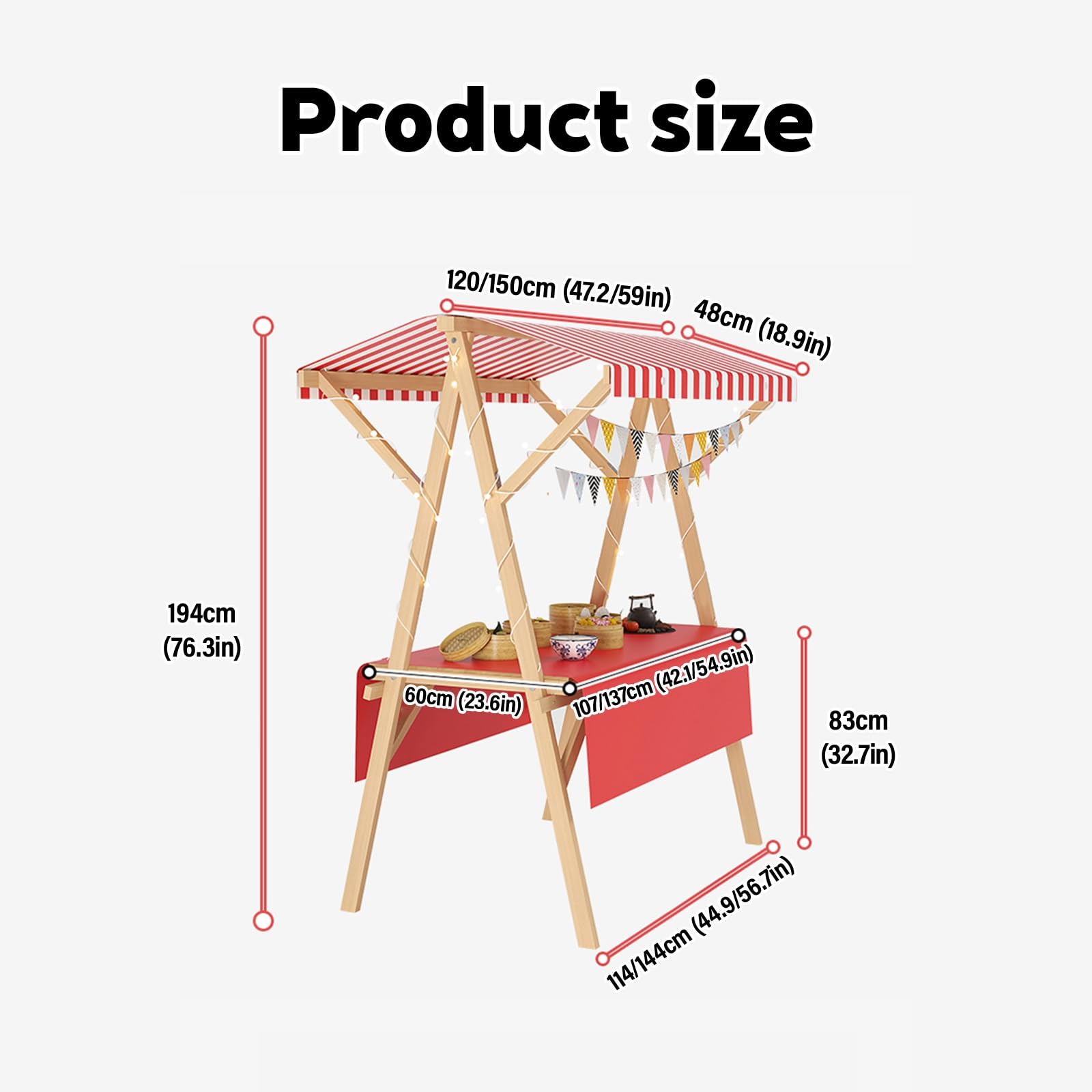 Carrito De Venta Exterior Plegable con Toldo, Puesto De Exhibición De Madera, Food Cart para Mercados, Eventos De Street Food Y Festivales, Kiosco Móvil para Vendedores Ambulantes