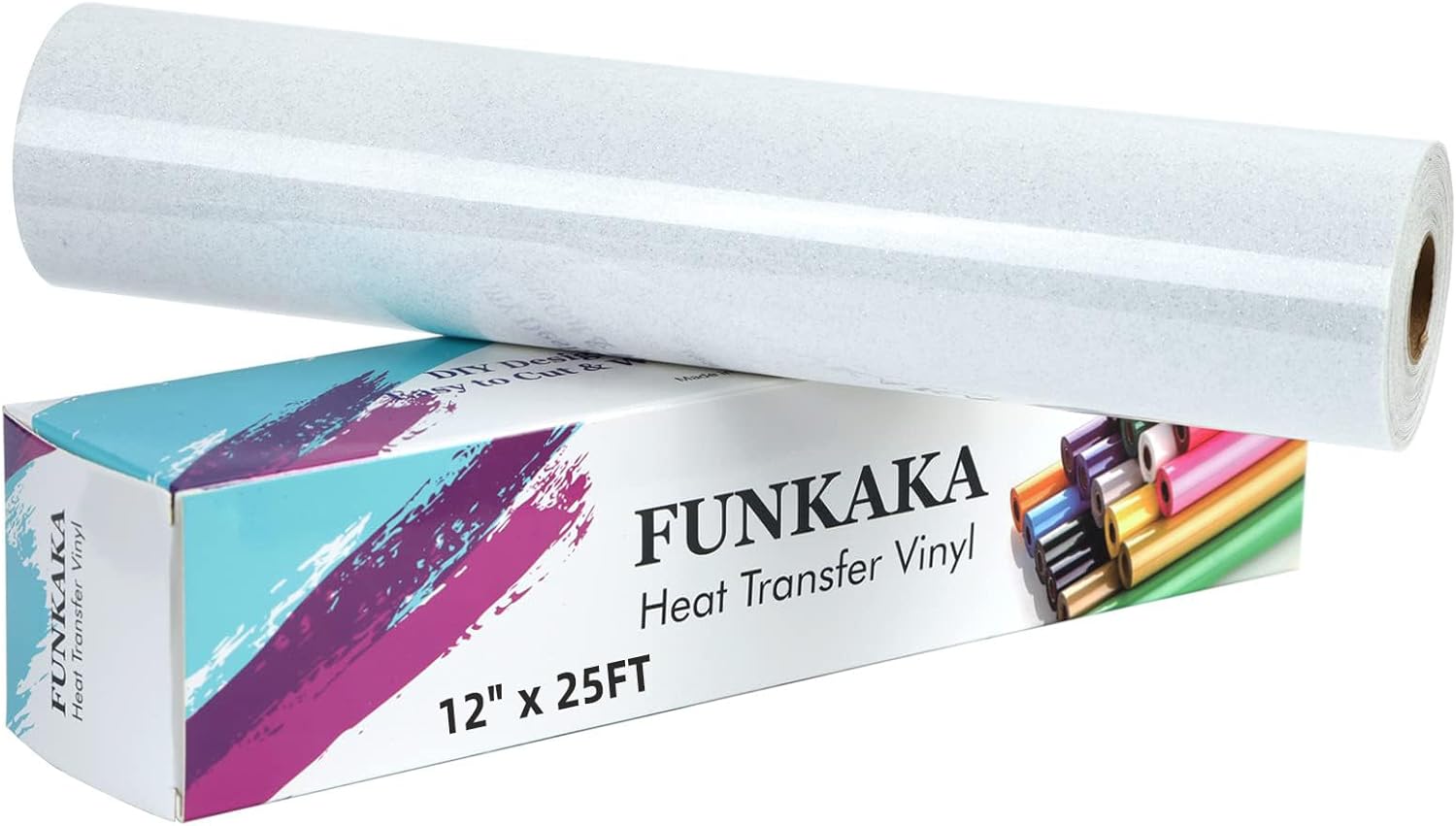 FUNKAKA Glitter White HTV Heat Transfer Vinyl Rolls, 12" x 25ft PU Iron on Vinyl for T-Shirt White Glitter HTV Vinyl for All Cutter Machines Easy to Cut & Weed for Heat Vinyl Design