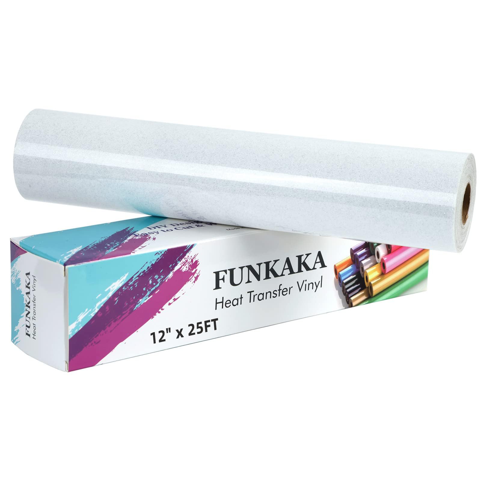 Vinyle transfert de chaleur pailleté blanc Funkaka rouleau HTV 30,5 cm x 7,6 m pour personnalisation