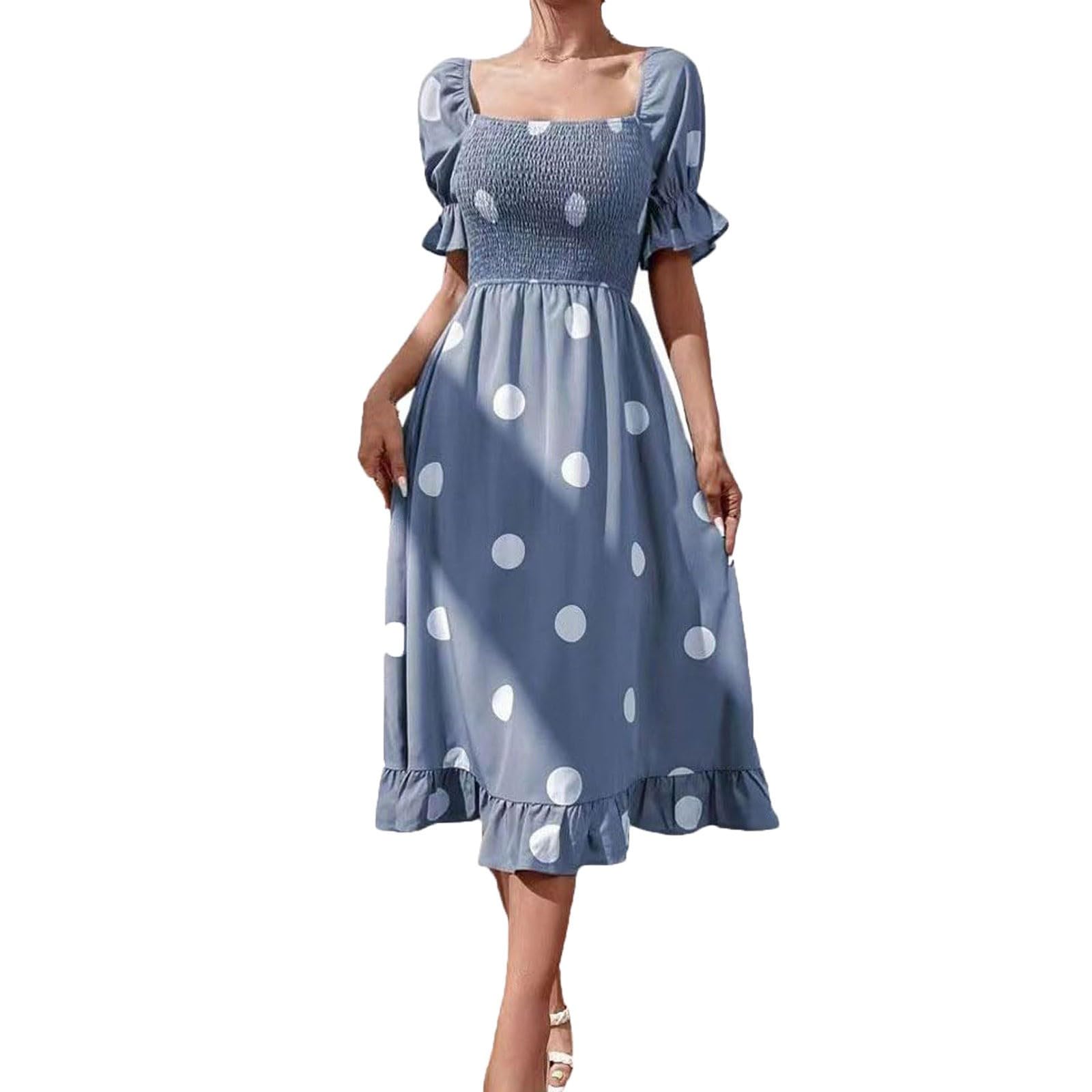 Vestido midi de lunares con manga corta y volantes para mujer 8