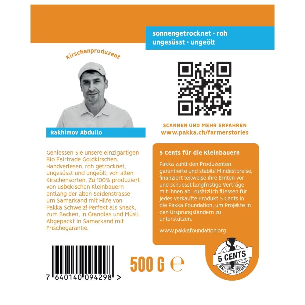 PAKKA - Cerises dorées bio commerce équitable, 500g, séchées au soleil, cerises jaunes sauvages, non huilées, non sucrées, directement des petits producteurs de Samarkand, Ouzbékistan, 500g