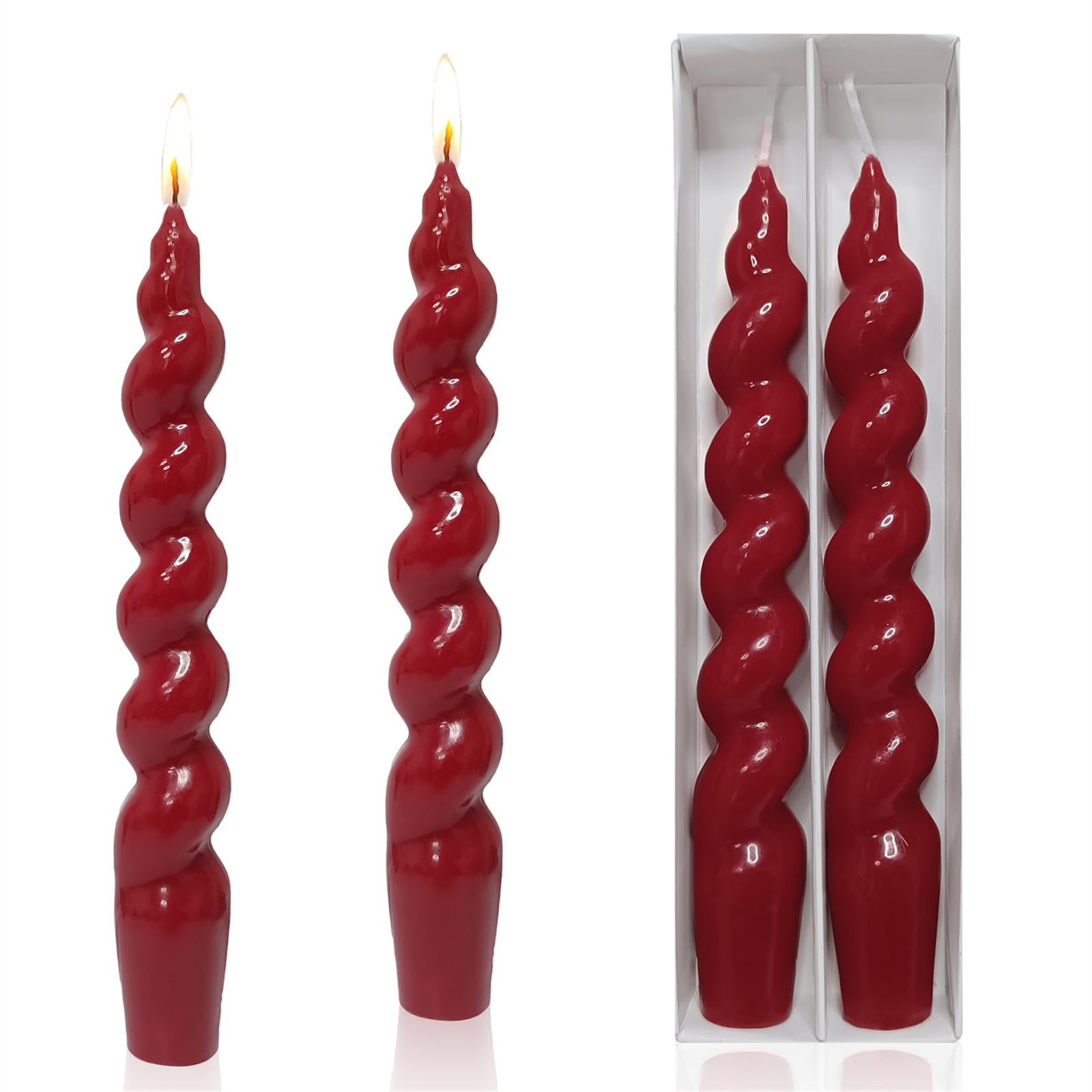 XINAOBAOLUO 7.5 Inch Dripless Taper Candles - Handmade Red Spiral Stick Candles Flameless for Wedding Christmas Dinner Party Home Decor - Pack of 2