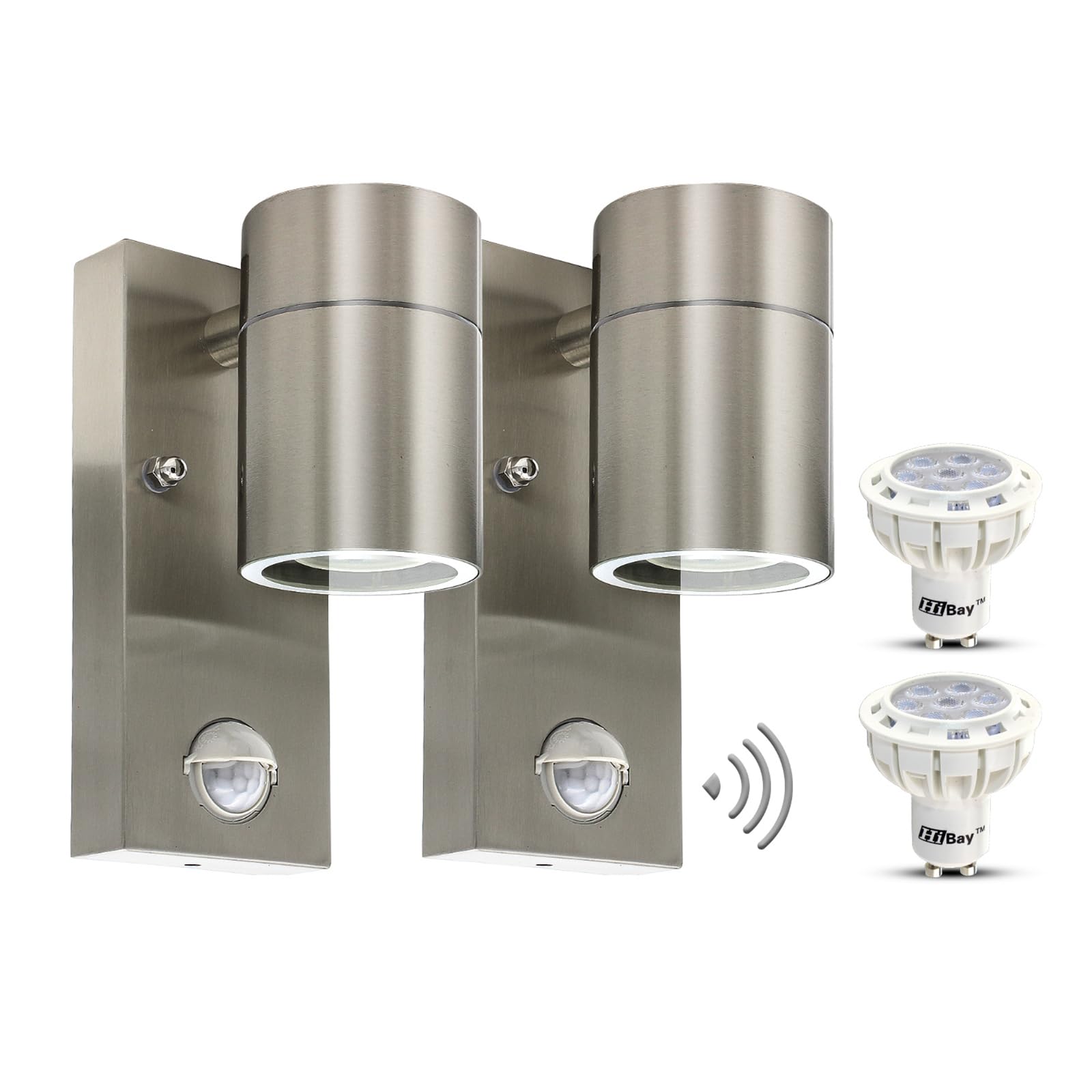 HiBay Applique Murale Exterieur Détecteur de Mouvement 7W,Éclairage Exterieur avec Detecteur Mouvement LED Moderne Inox Brossé GU10 550lm Blanc Chaud IP44 Étanche Lot de 2