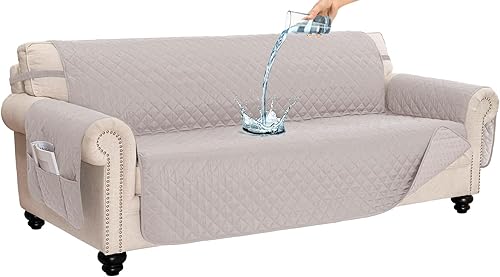 Funda de sofá 100% impermeable para perros, lavable, antideslizante, funda protectora de 3 cojines con bolsillos (sofá de 68 pulgadas, beige)