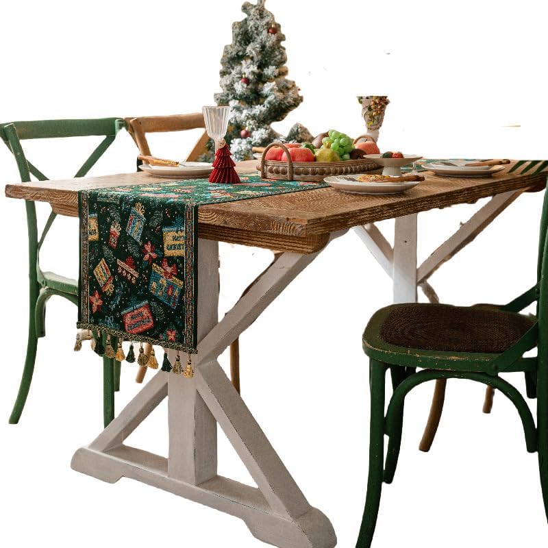 Add a Festive Touch to Your Christmas Scene with Our Green Jacquard Weave Table Flag and Tablecloth Set (14x71)