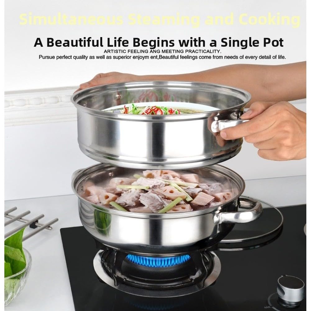 FUBESK - Pentola a vapore a doppio strato in acciaio inox con coperchio in vetro, 28 cm, per zuppe e cucina multiuso, compatibile con fornelli a gas, a induzione e alogeni